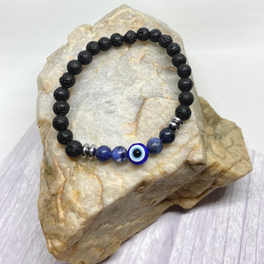 Evel Eye, Sodalite & Lava Stone Crystal Bracelet